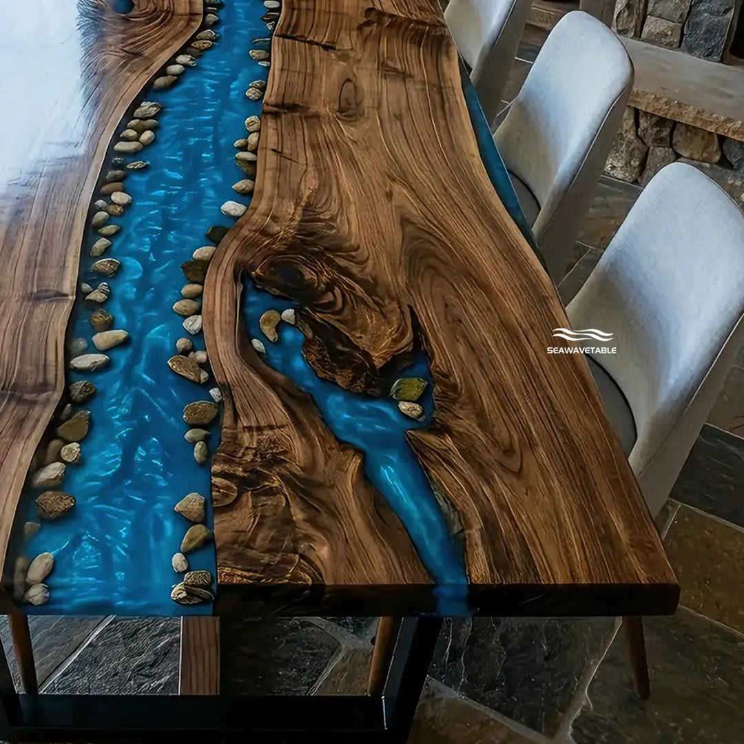 Contemporary rustic luxury walnut river dining table CRT-343 with artisan river composition