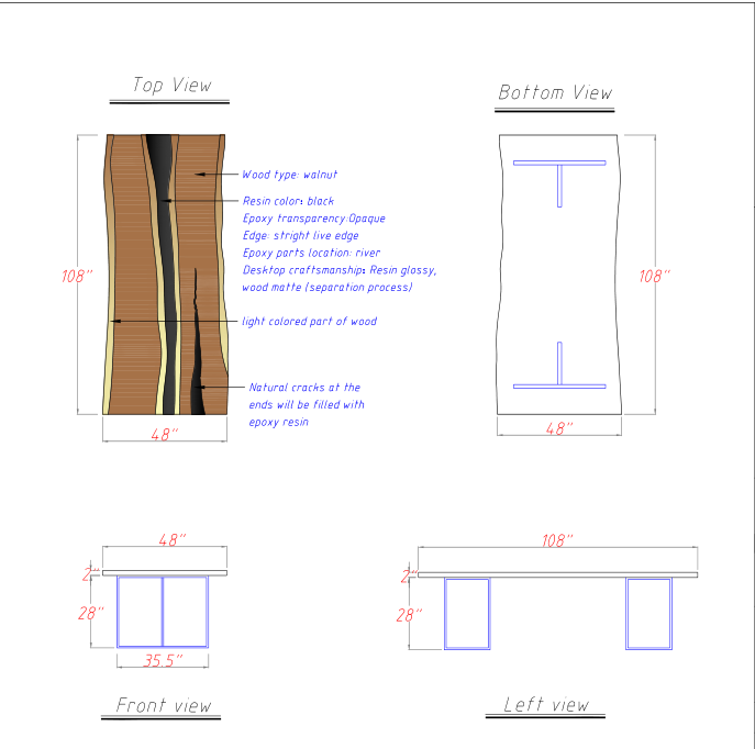 Technical drawings of a wooden product with dimensions and material details.