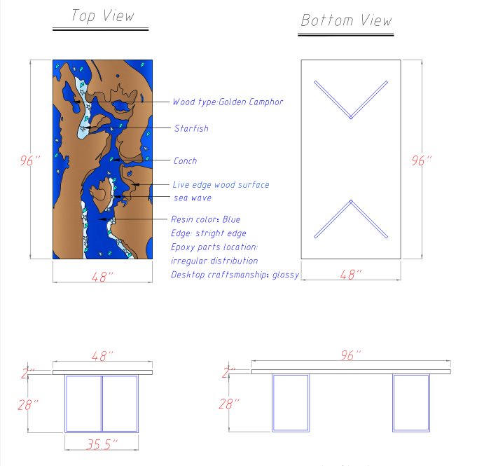 Technical drawings of a wooden surface with measurements and labels