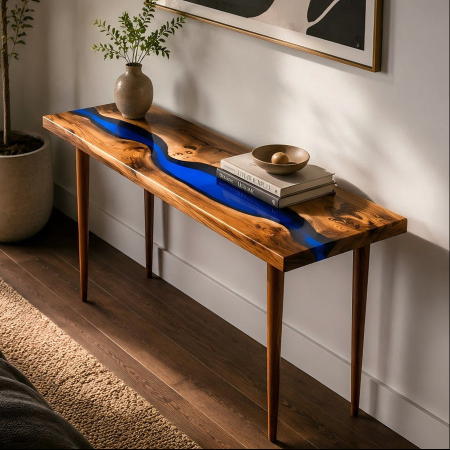 CRT-025 Black Walnut blue resin console table with sculptural river design
