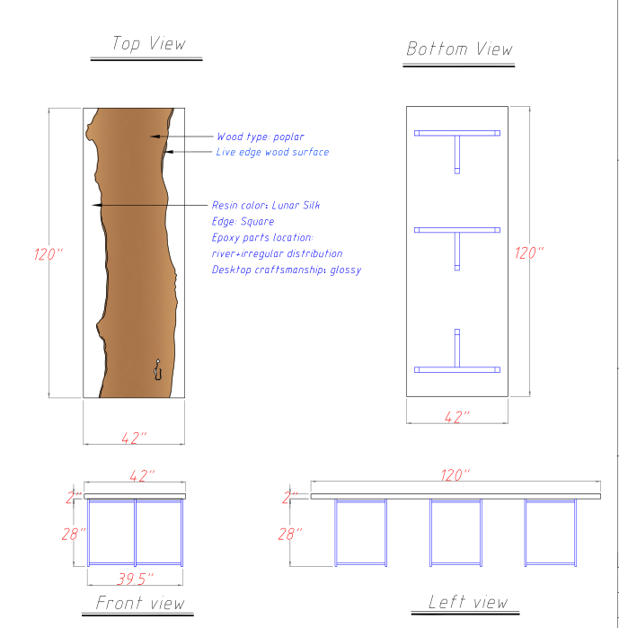 Technical drawing of a wooden table with dimensions and details