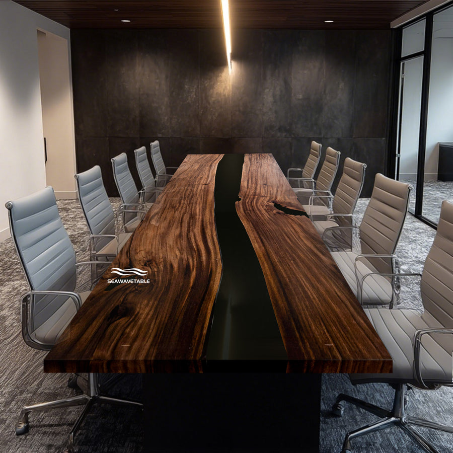 CRT-175 walnut conference table front view with black epoxy resin