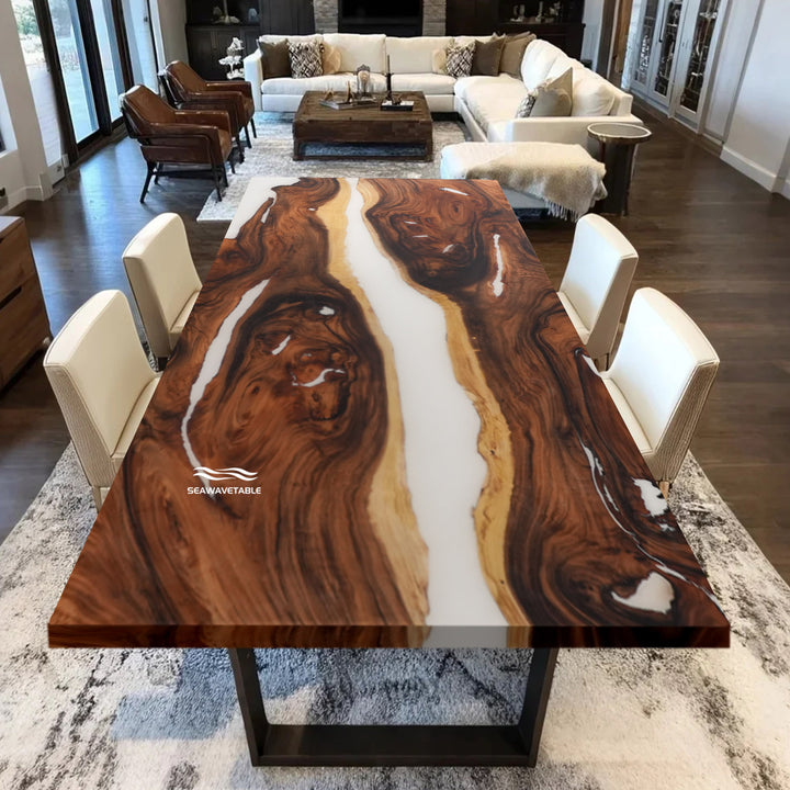 Close-up of handcrafted walnut grain with white epoxy river