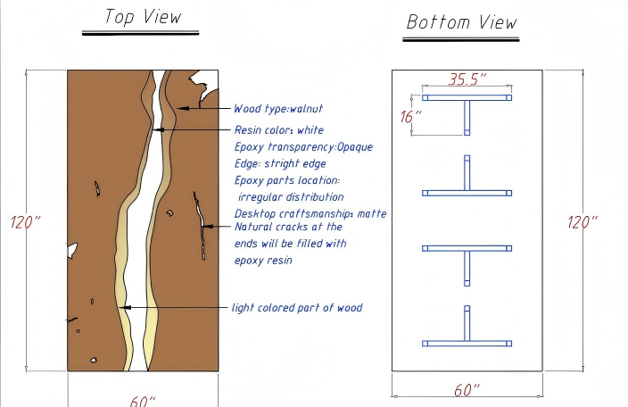 Full view of CRT-245 custom solid walnut white epoxy river table