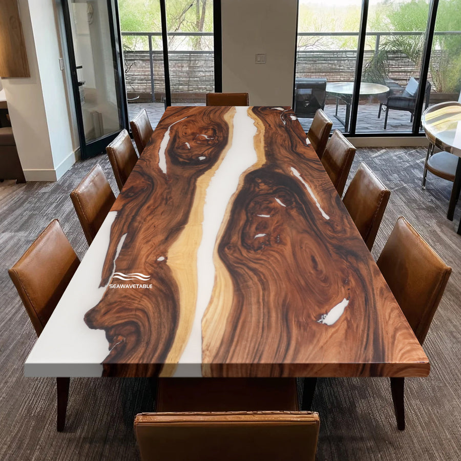 Top view of CRT-245 solid walnut white epoxy river table
