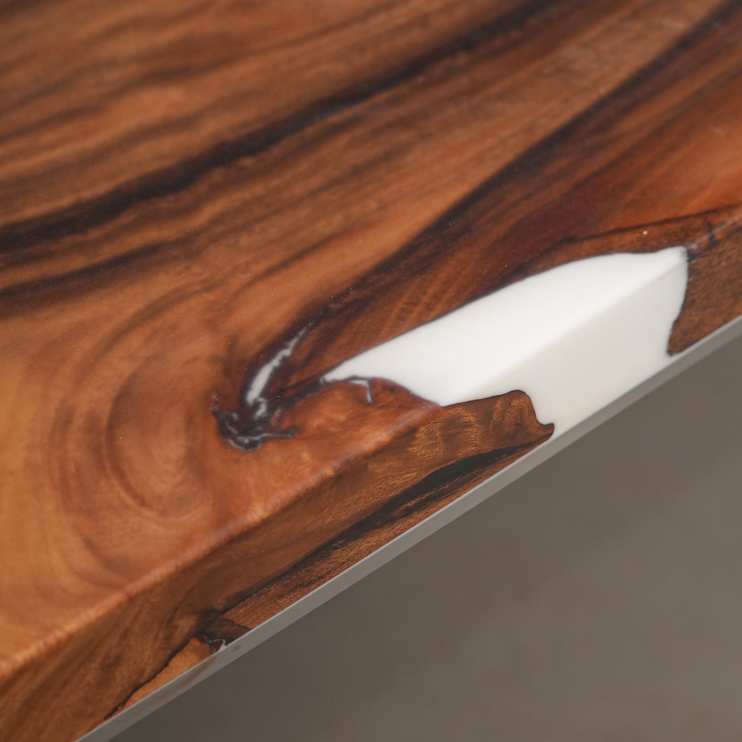 Angle view of CRT-245 solid walnut white epoxy table