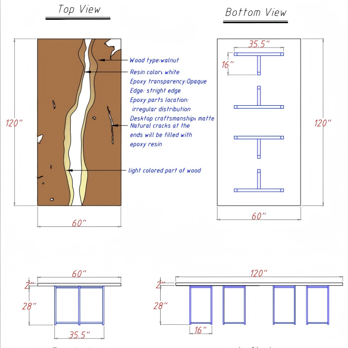 Side profile of solid walnut white epoxy river table