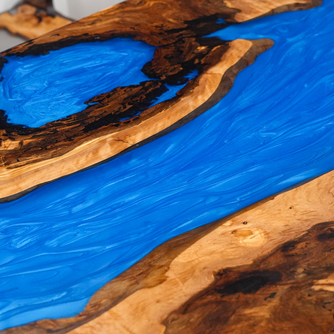 Custom olive wood ocean blue epoxy dining table – CRT-246