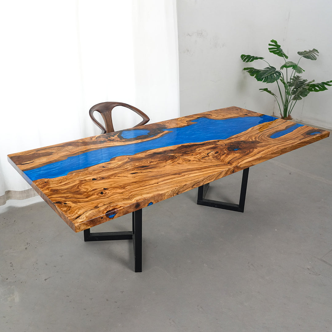 Handcrafted olive wood and blue epoxy river table – CRT-246