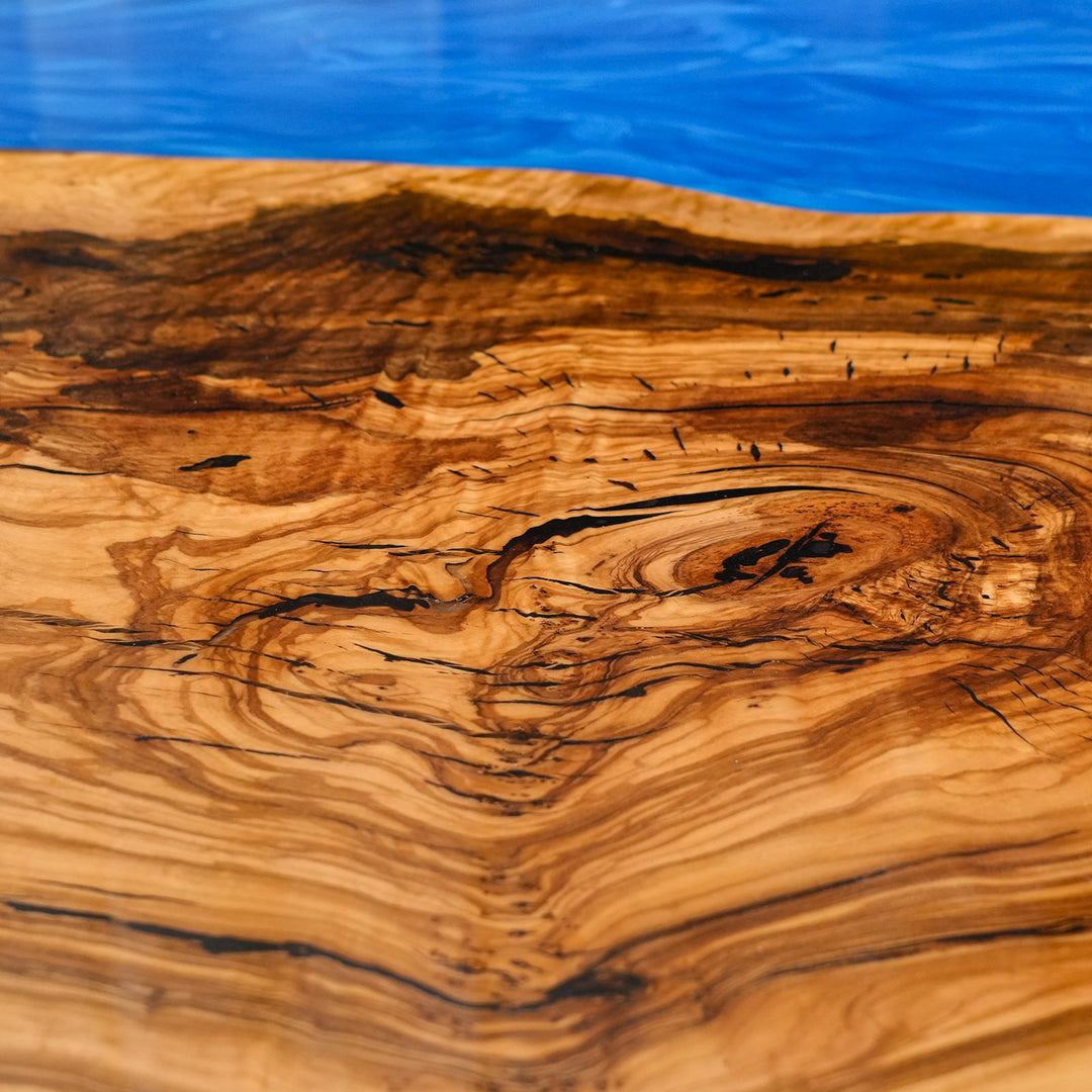 Artisan-crafted river table with ocean blue epoxy swirl – CRT-246