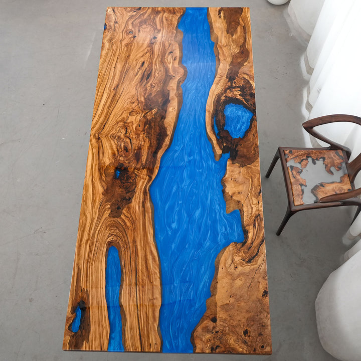 Flowing ocean-blue epoxy river center design in CRT-246