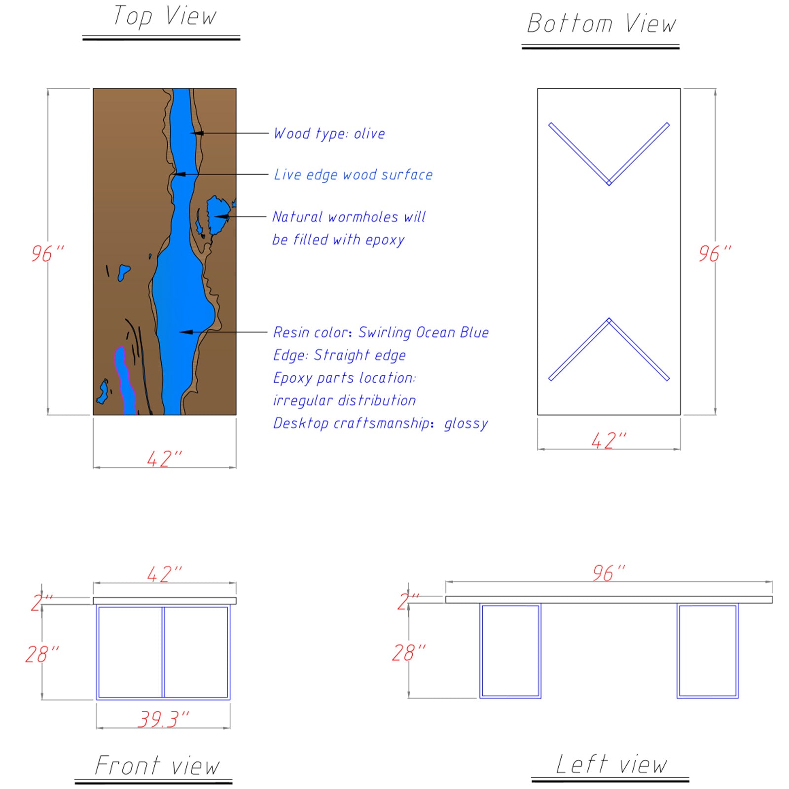 Step 2 – CAD design sketch showing the layout and river path for the CRT-246 olive wood epoxy table.