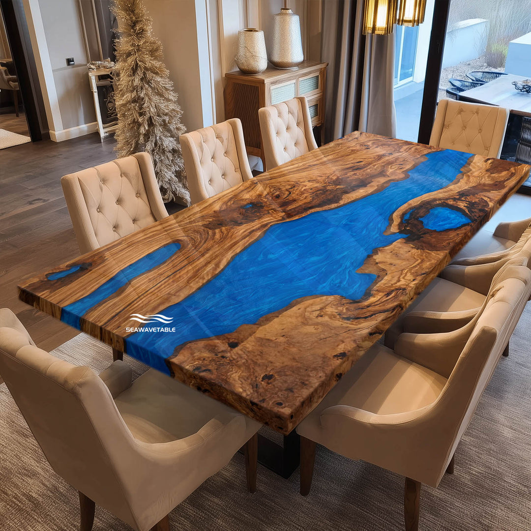 Close-up of the Swirling Ocean Blue epoxy river design in CRT-246