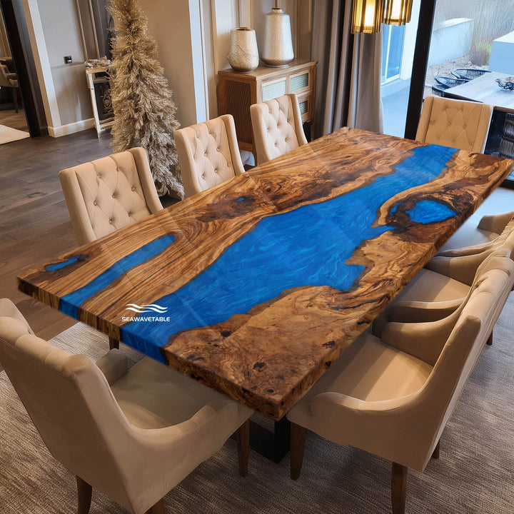 Close-up of the Swirling Ocean Blue epoxy river design in CRT-246