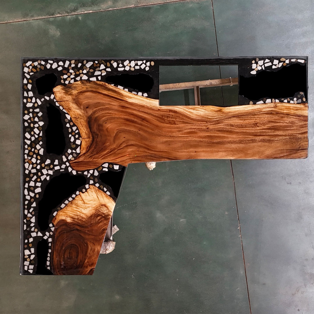 High-gloss walnut resin countertop surface reflecting light and depth