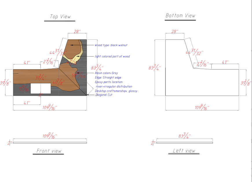L-shaped corner detail of walnut resin kitchen countertop with seamless resin flow