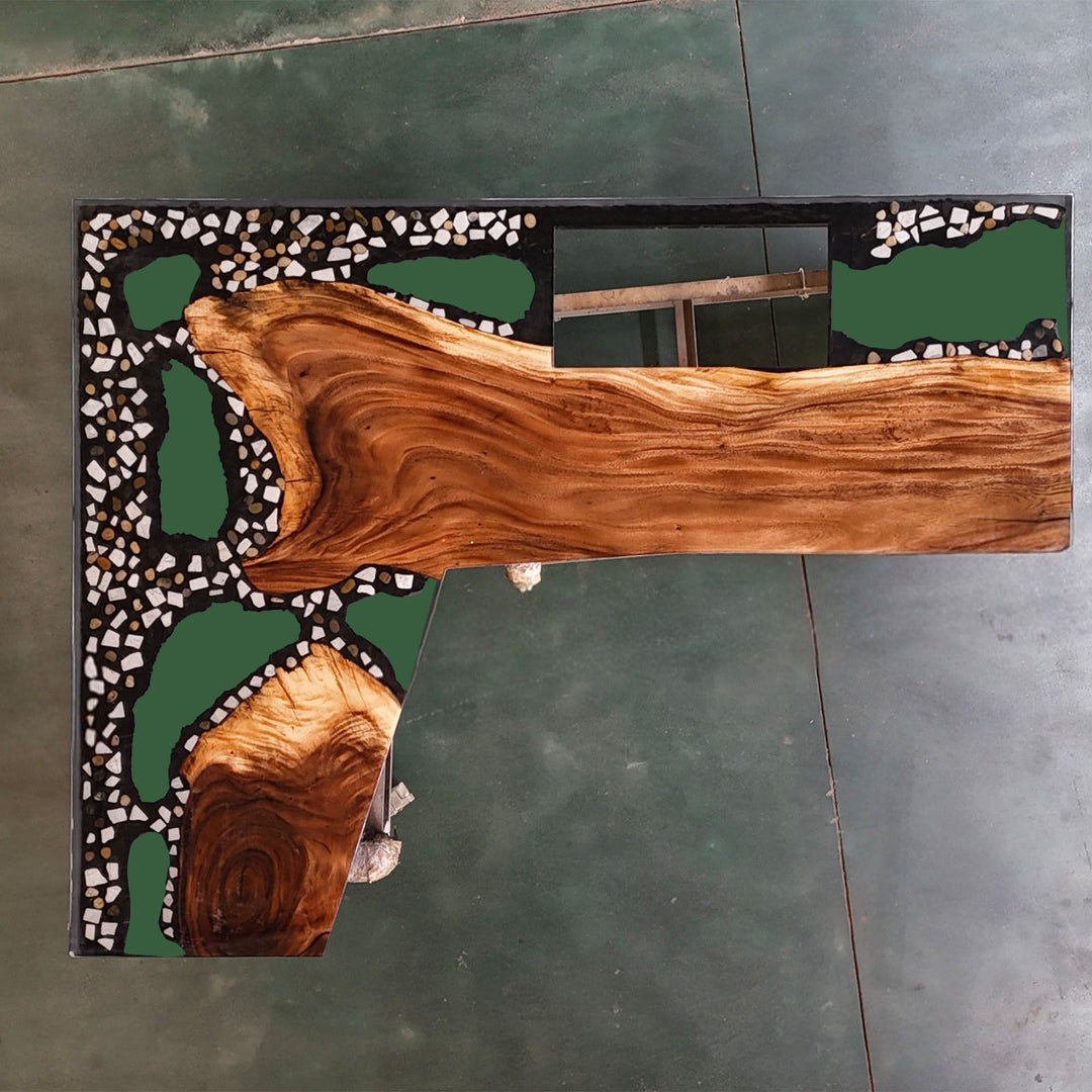 Natural solid walnut grain detail on glossy resin kitchen countertop