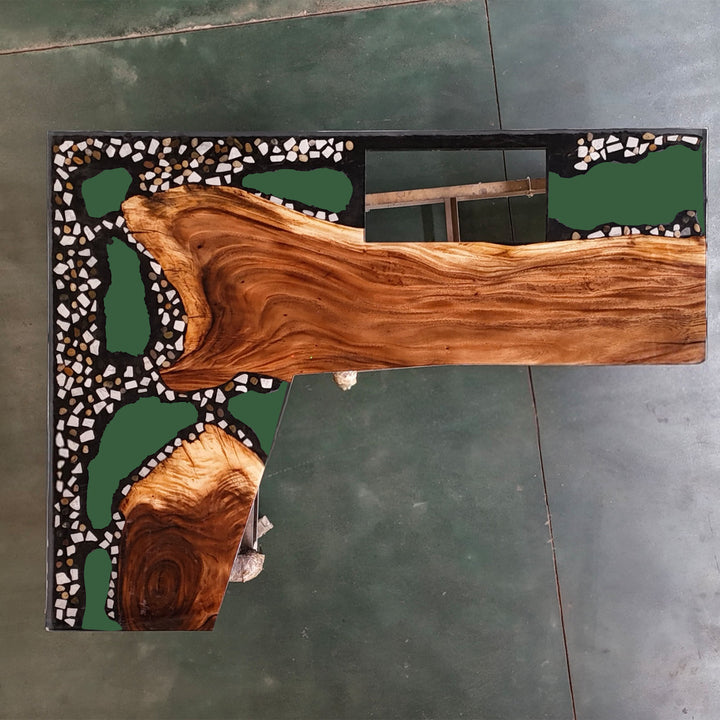 Natural solid walnut grain detail on glossy resin kitchen countertop