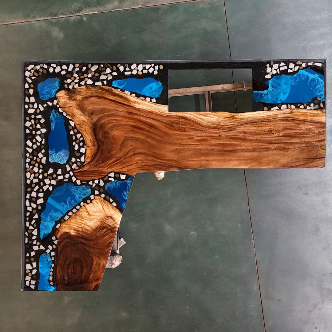 Glossy walnut L-shaped resin kitchen countertop with stone inlay, custom handcrafted design