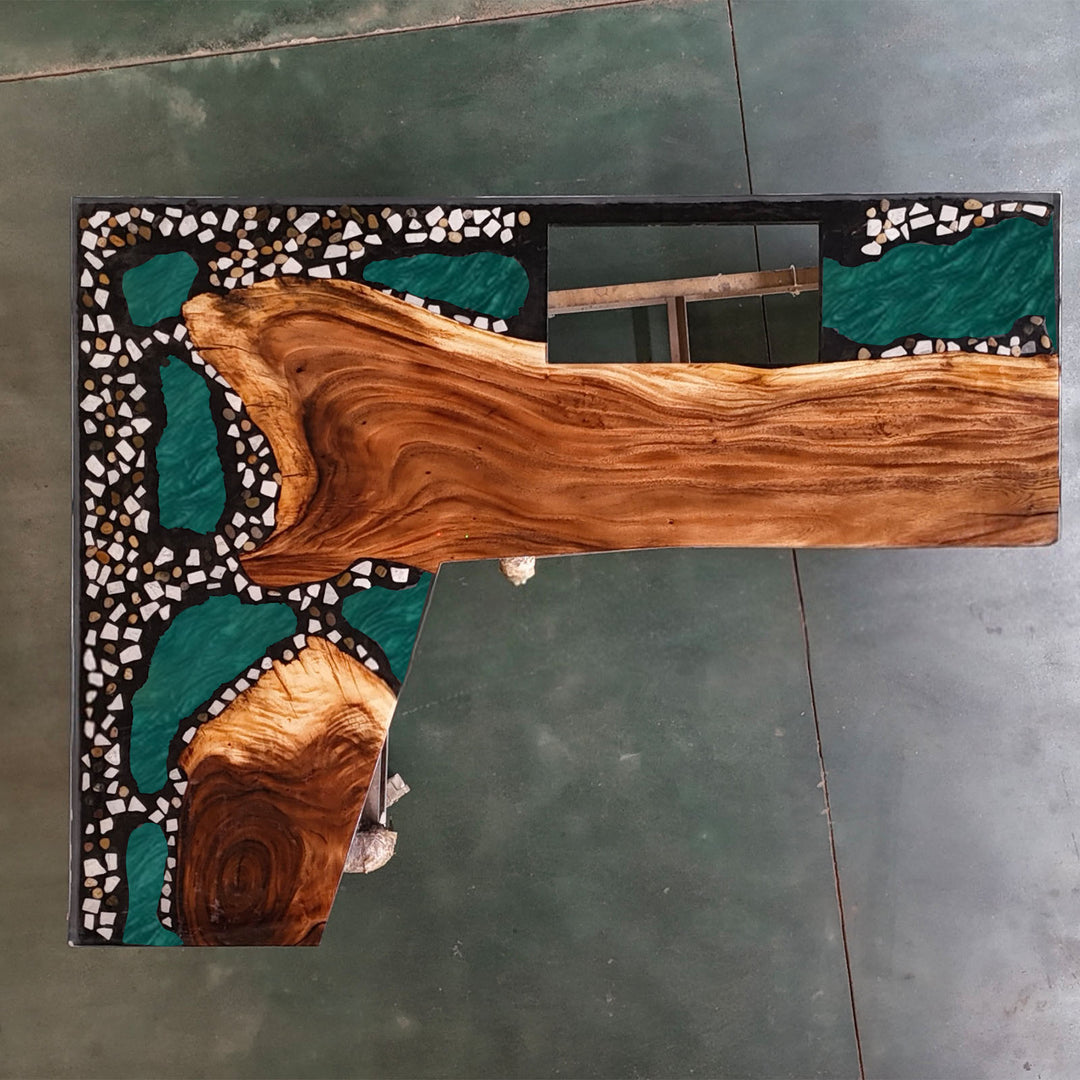 Straight edge walnut resin kitchen countertop with modern architectural lines