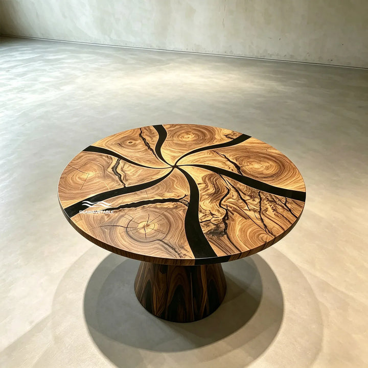 Detail of black epoxy resin layer with glossy finish on CRT-333 dining table
