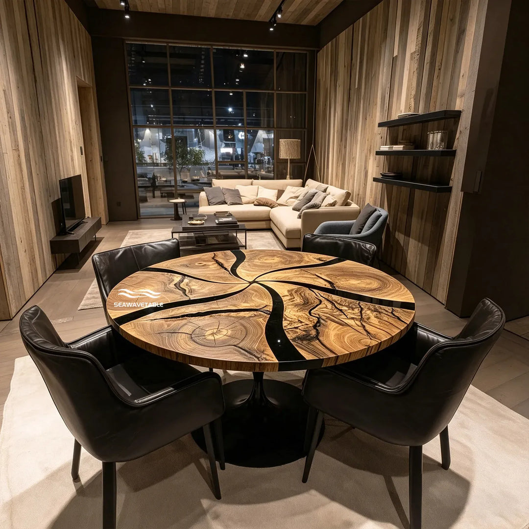 Round black epoxy resin dining table CRT-333 with spliced wood slab by SeawaveTable