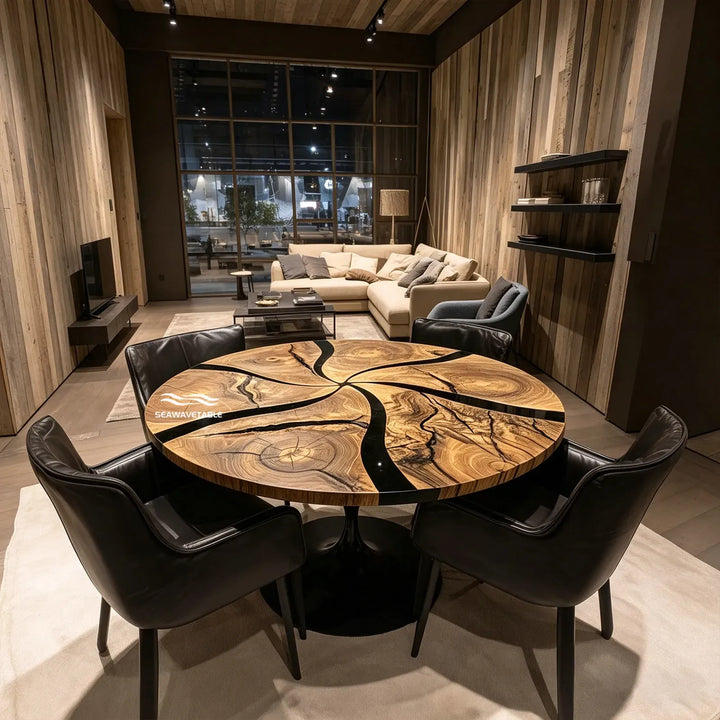 Round black epoxy resin dining table CRT-333 with spliced wood slab by SeawaveTable