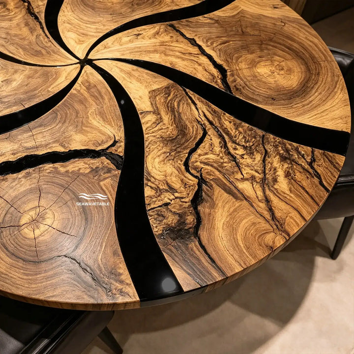 Angled view of custom round black epoxy resin dining table CRT-333