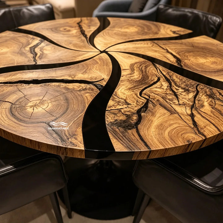 Metal base detail of round black epoxy dining table CRT-333