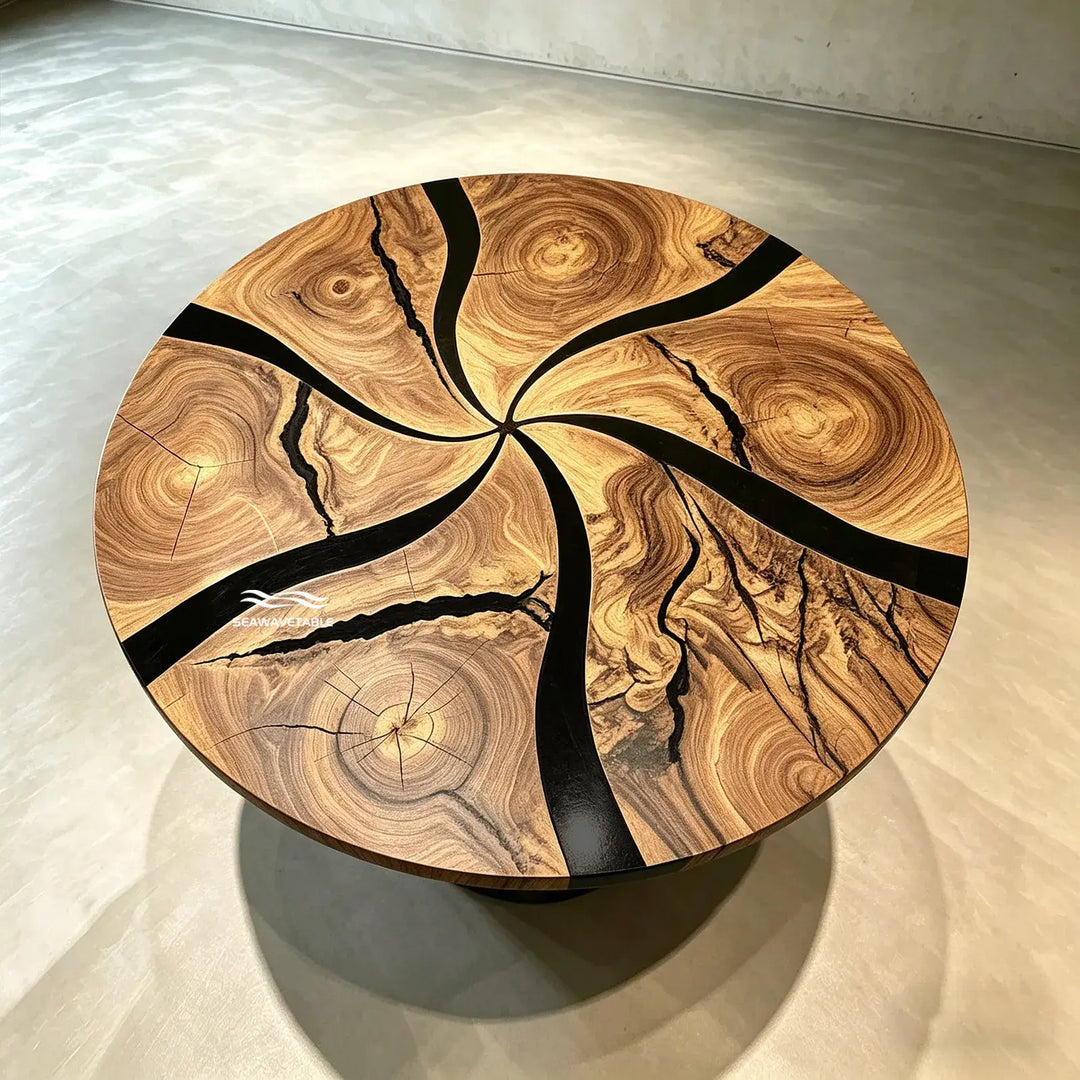 Close-up of spliced wood grain in black epoxy resin table CRT-333