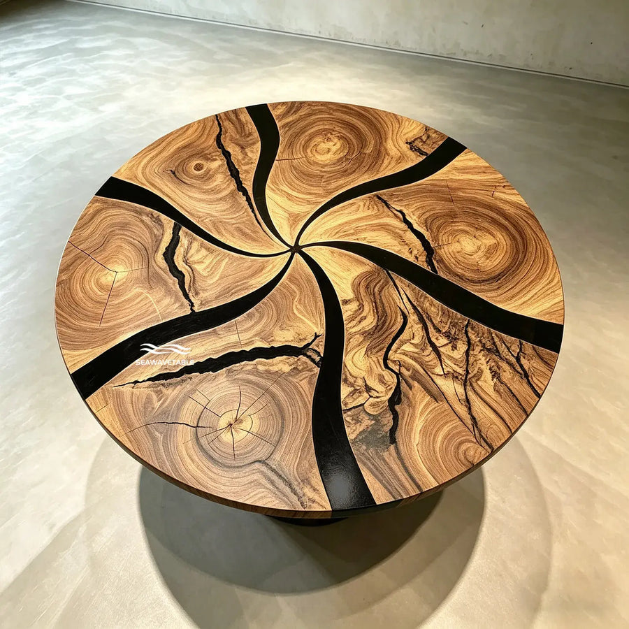 Close-up of spliced wood grain in black epoxy resin table CRT-333