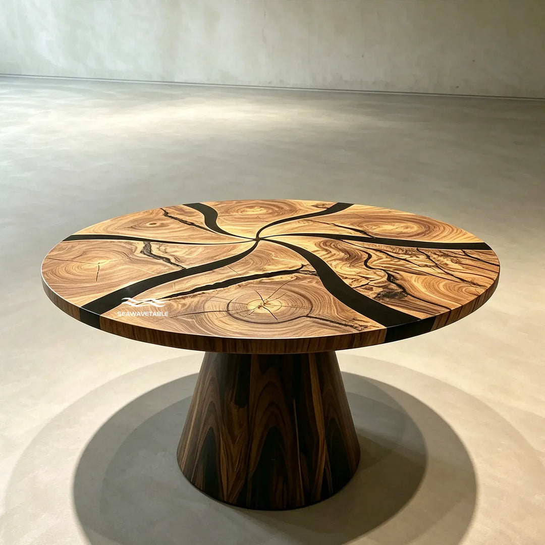 Edge detail of round epoxy table CRT-333 with natural wood transitions