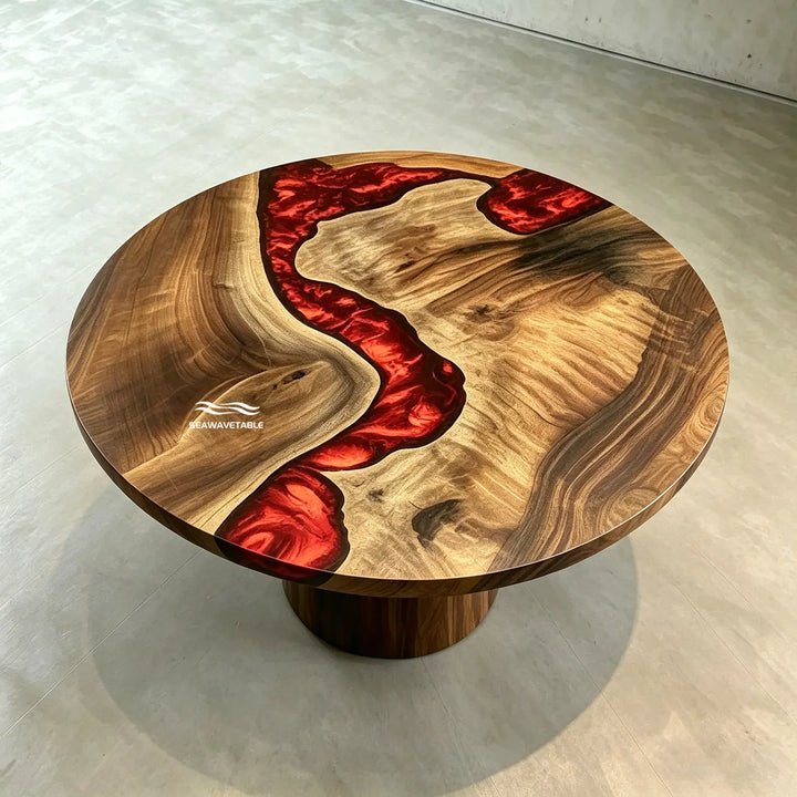 Close-up of black walnut wood grain on round epoxy table CRT-334