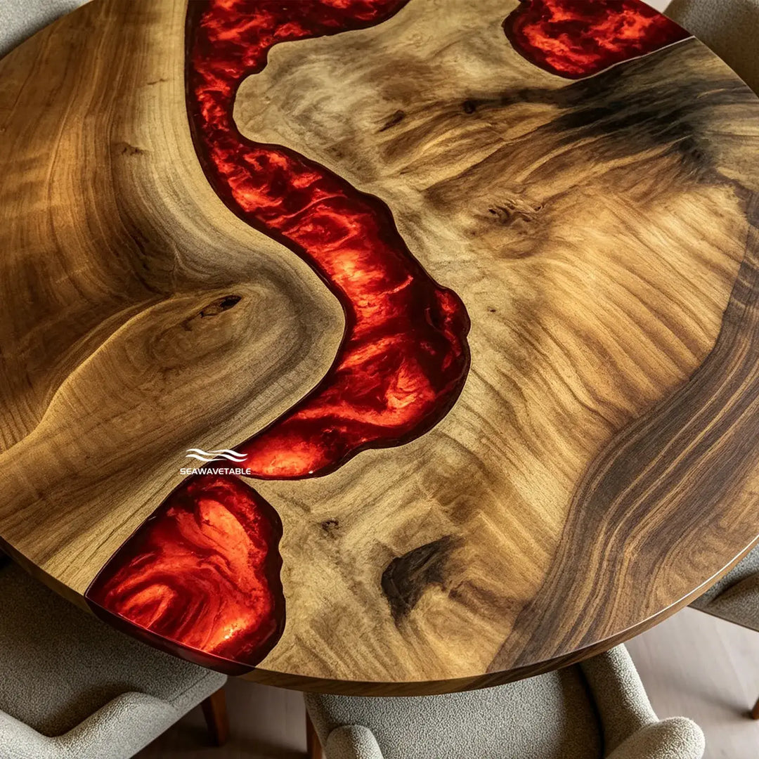 Live edge detail of round black walnut epoxy table CRT-334