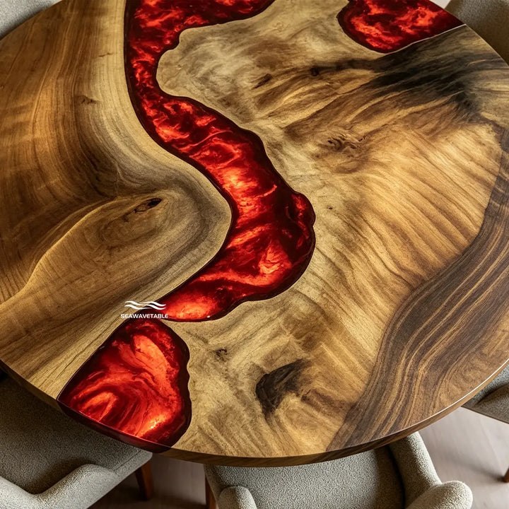 Live edge detail of round black walnut epoxy table CRT-334
