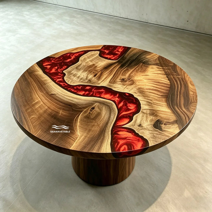 Detail of red lava epoxy resin river on CRT-334 round epoxy table