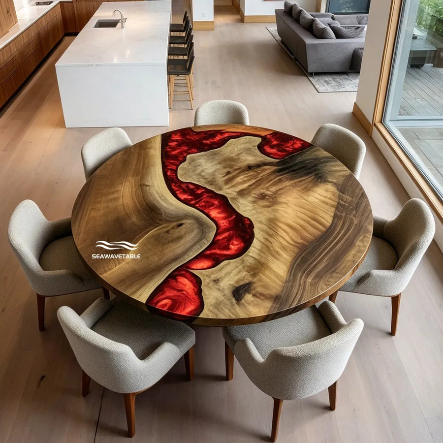 Round black walnut lava epoxy table CRT-334 with red resin river by SeawaveTable