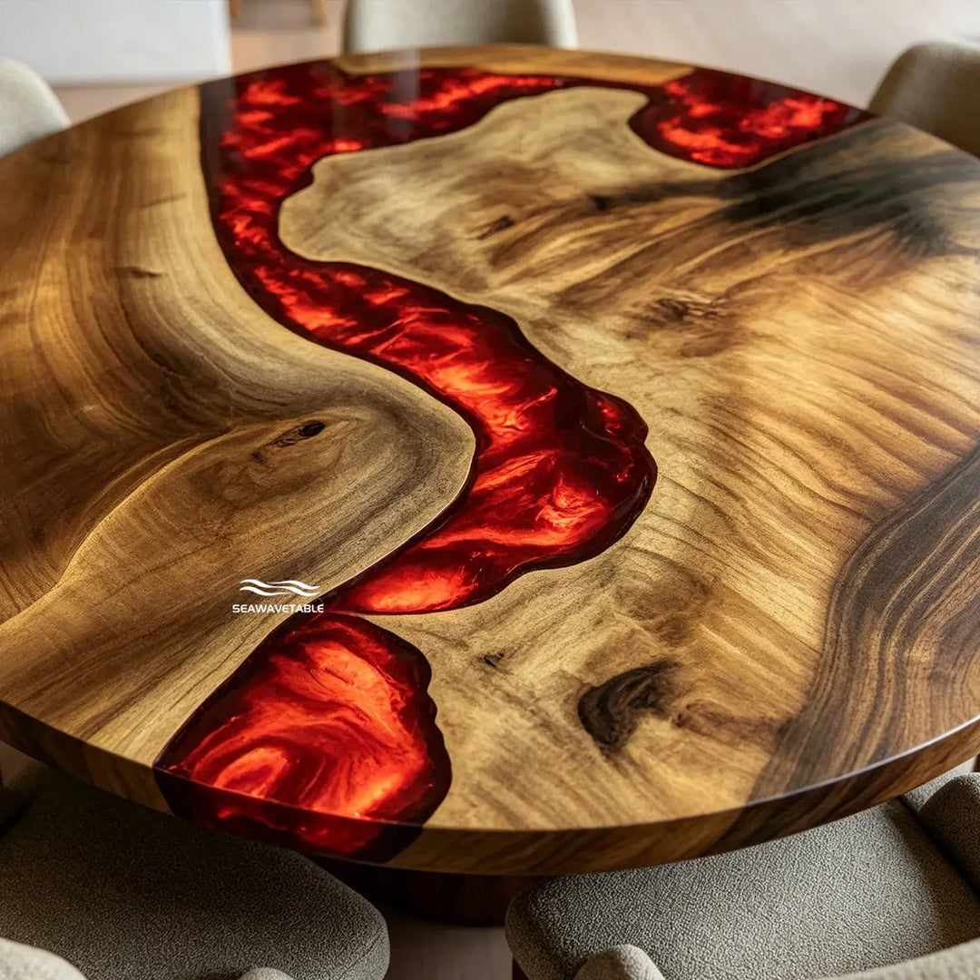 Metal base detail of round black walnut epoxy table CRT-334