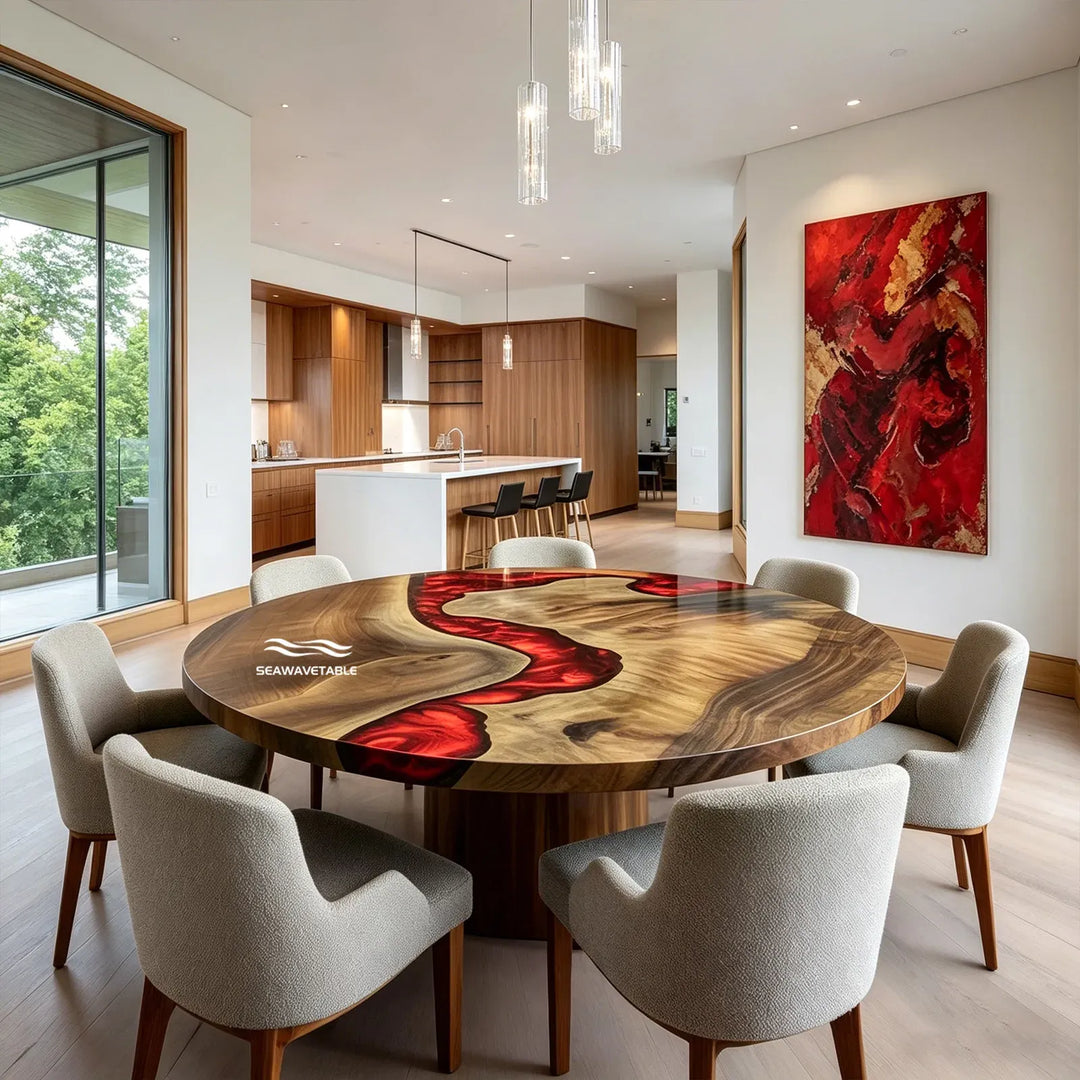 Top view of round black walnut epoxy table CRT-334 showing red lava river design