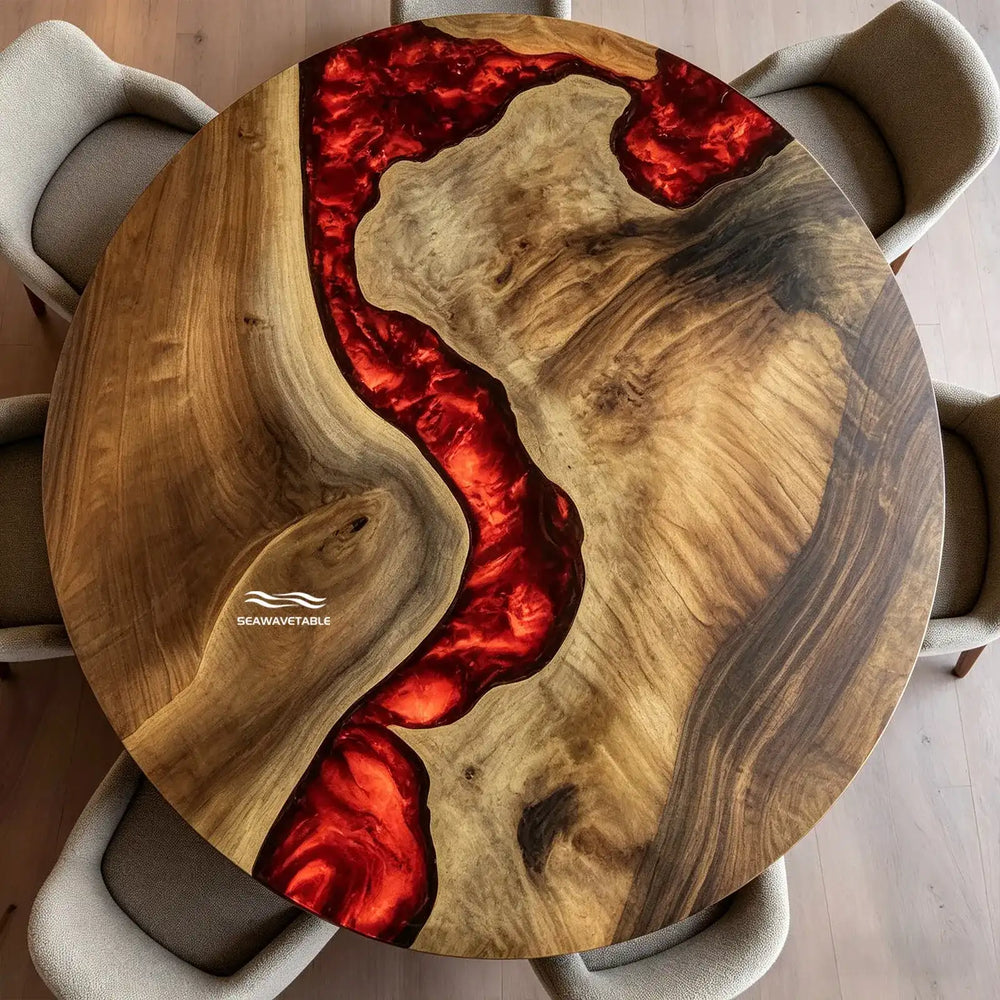 Custom round epoxy dining table CRT-334 with red lava resin in modern interior