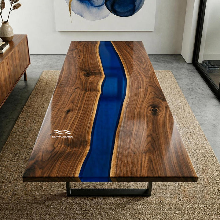 CRT-337 modern blue river table in Black Walnut with translucent blue epoxy resin front view