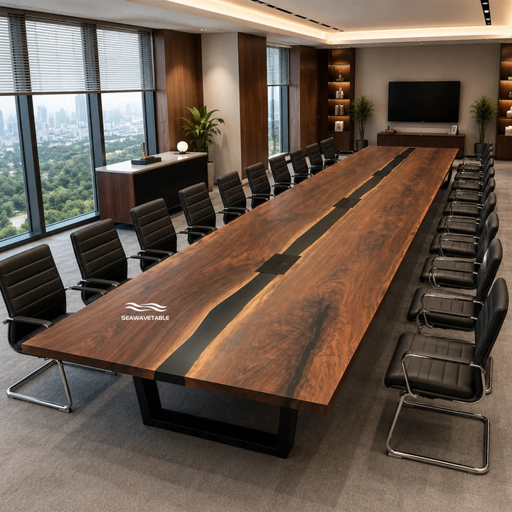 CRT-338 executive Black Walnut boardroom table with architectural black resin inlay