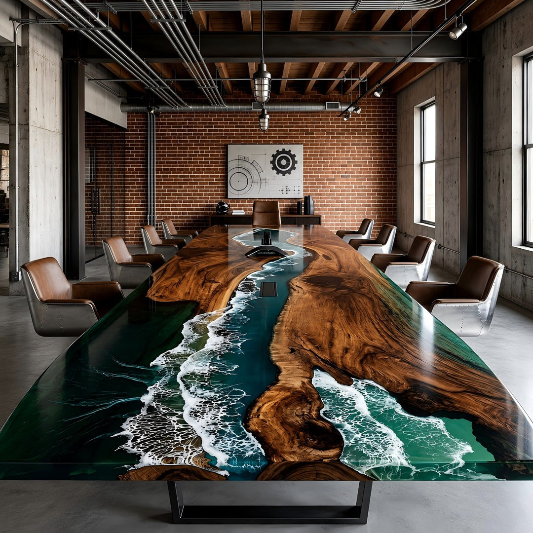 CRT-340 Ocean Coastline conference table in modern executive office with Black Walnut and ocean resin