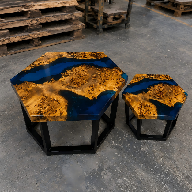 CRT-341 sculptural hexagon coffee table with blue resin and Poplar Burl wood