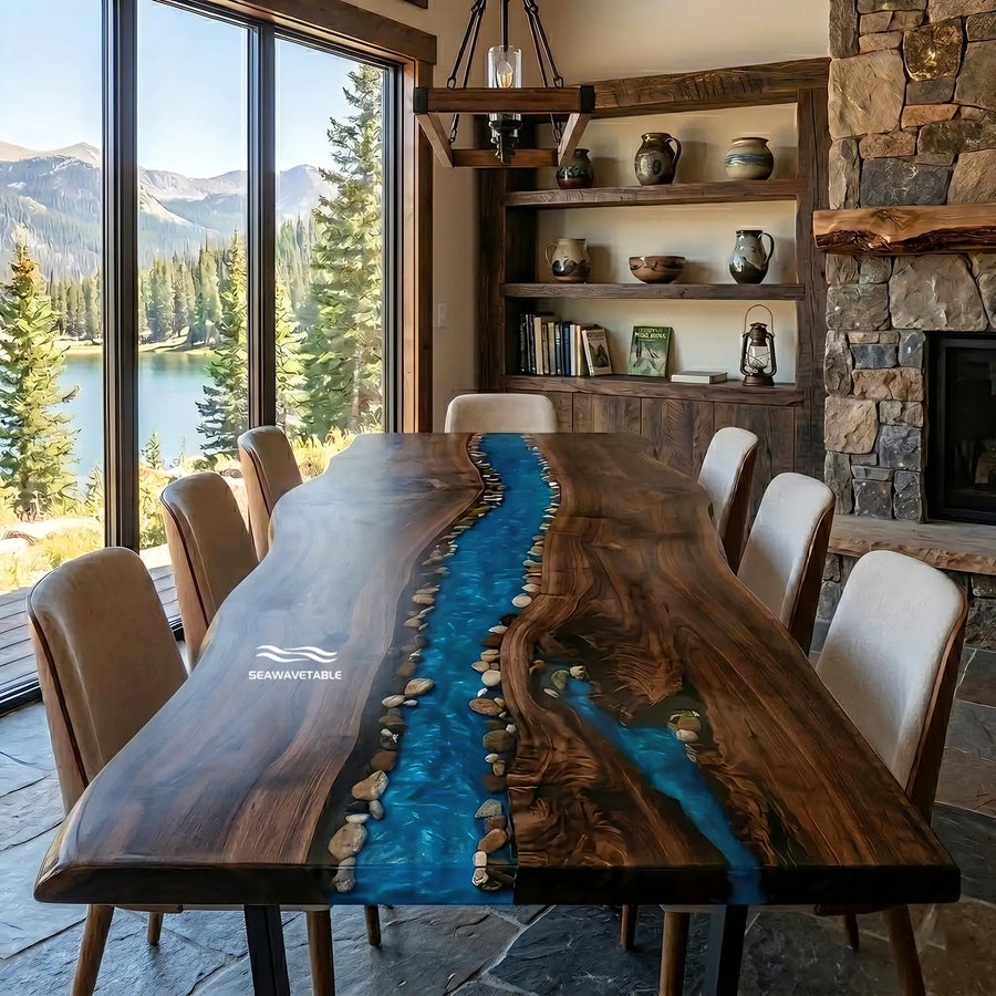 CRT-343 Alpine River Black Walnut live edge dining table with river stone resin detailing