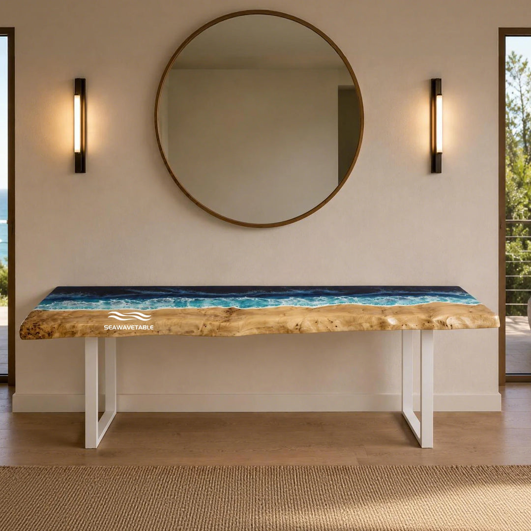 CRT-344 shoreline console table with ocean resin and sculptural coastal design