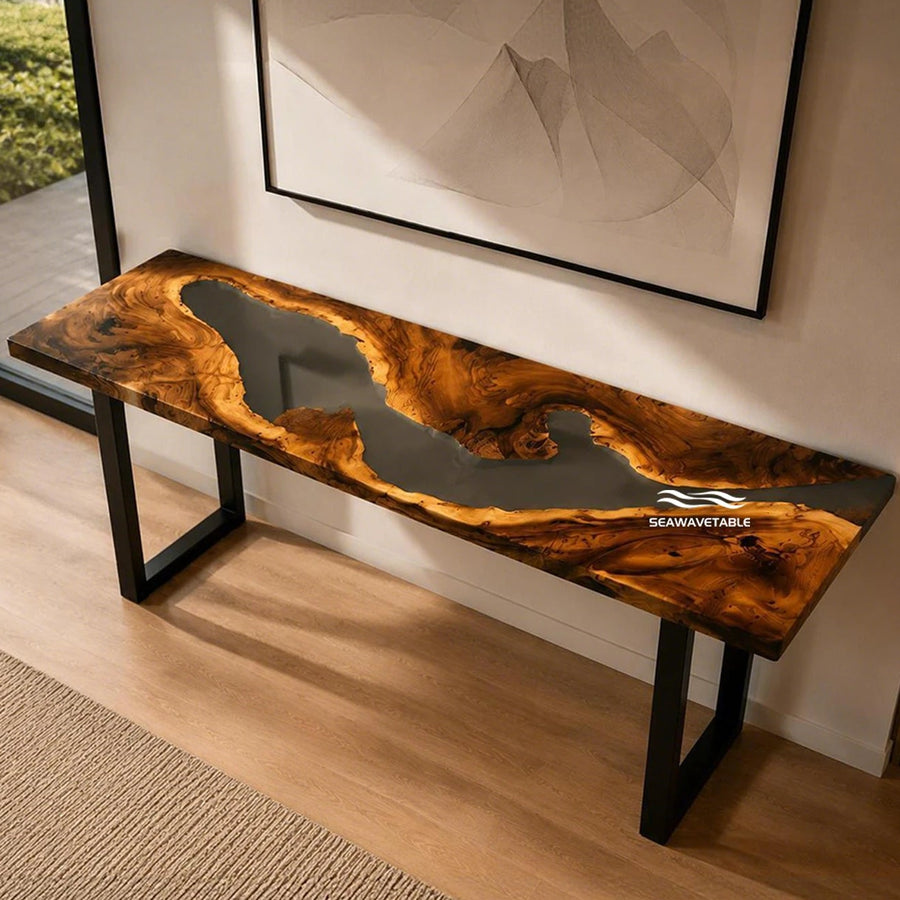 CRT-345 custom Walnut black resin console table with smoked epoxy design