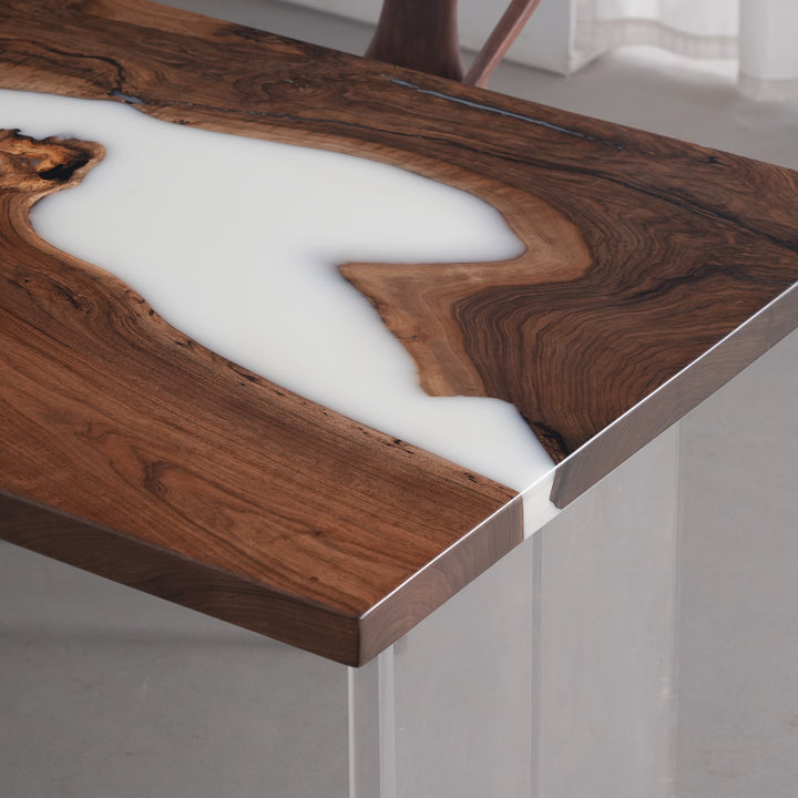 Elegant black walnut and white epoxy table, fits behind a sofa or in dining rooms