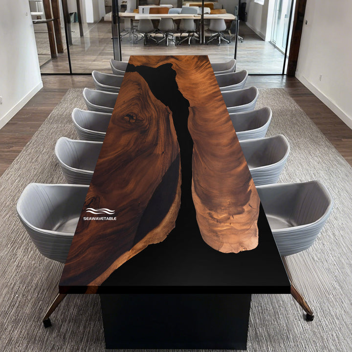 Top view of CRT-241 large black walnut black resin executive conference table with power option