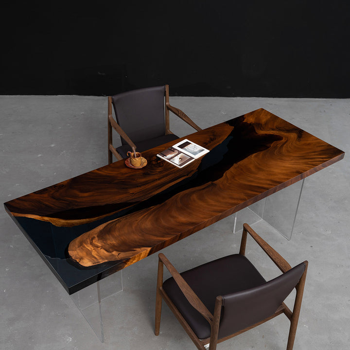 Close-up of straight-edge detail on CRT-241 large walnut black epoxy conference table.